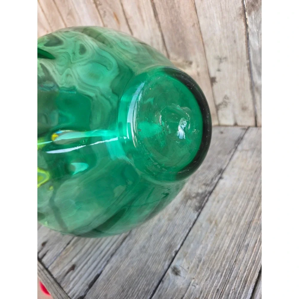 Vintage Emerald Green Hand Blown Glass Pitcher Optic Rib Mid Century Modern 15
